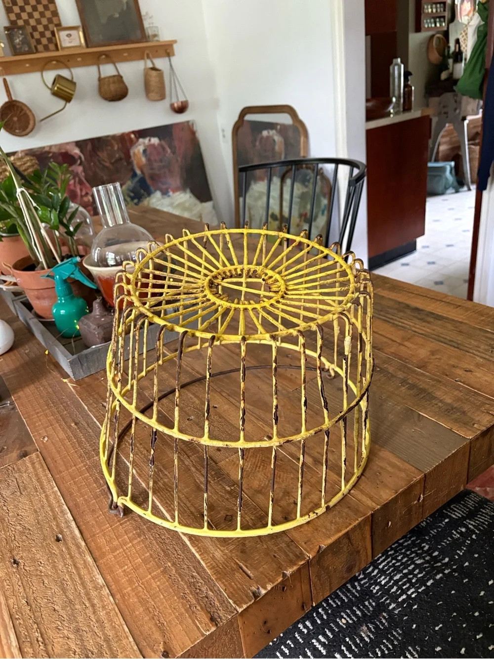 Vintage Distressed Yellow Wire Metal Egg Collection Gathering Handled Basket